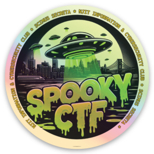 A sticker from SpookyCTF depicting a UFO over NYC