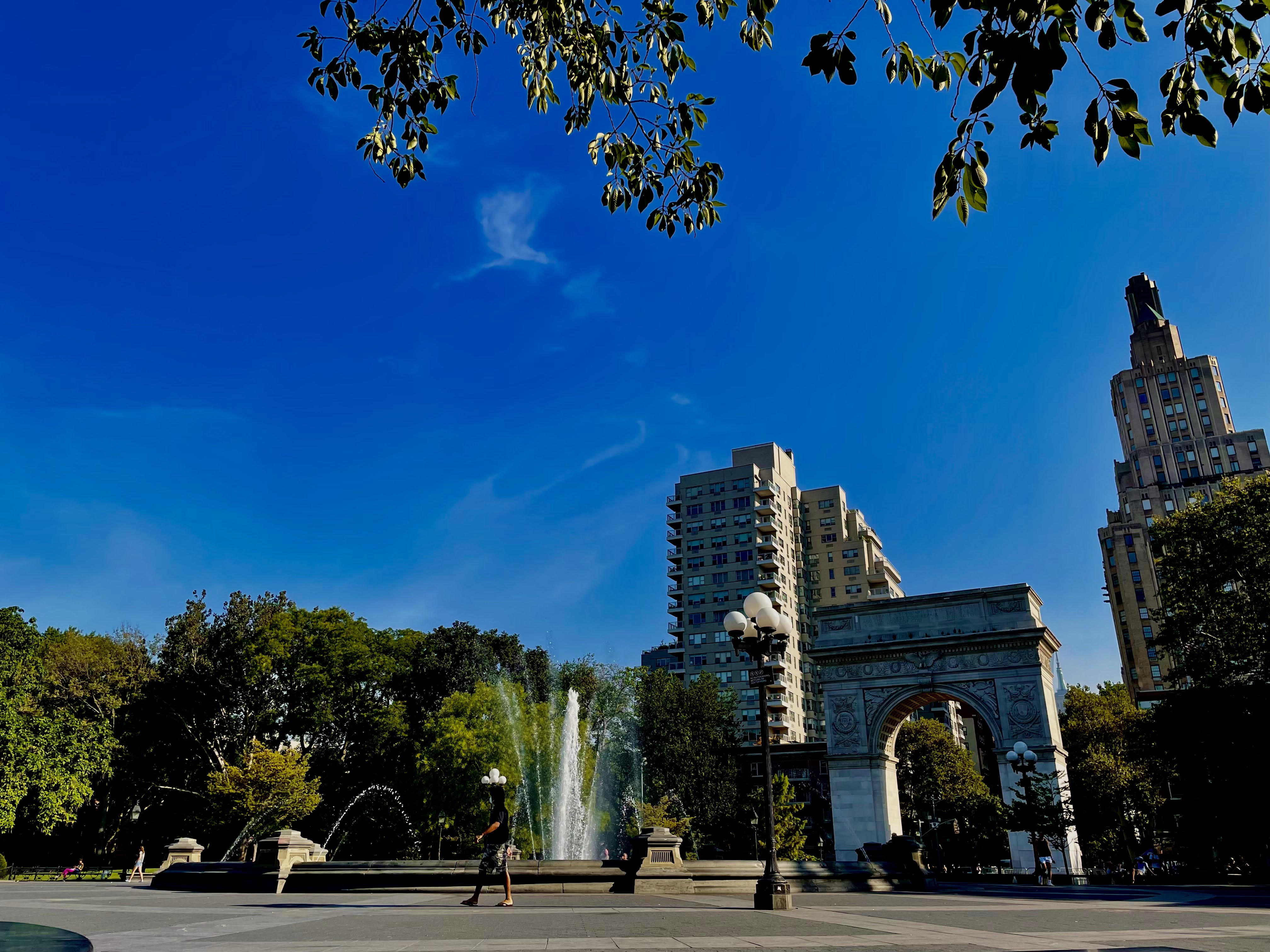 A nearly empty Washington Square Park in the summer.